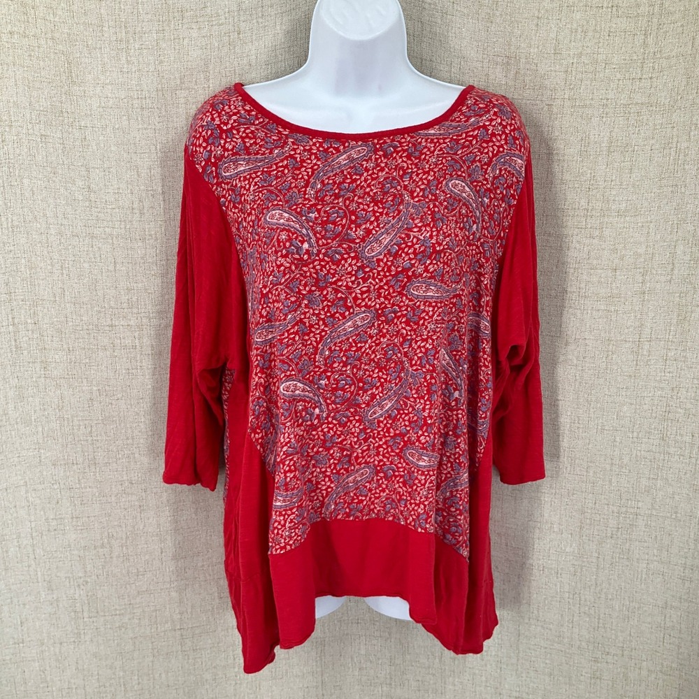Lucky Brand Top Womens 3X Red Paisley Boho Mixed Media 3/4 Sleeve Bohemian Airy